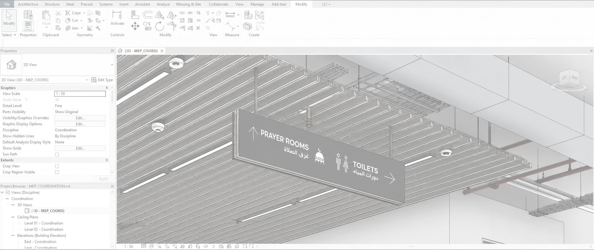 Signage coordinated against MEP services in a Revit model &mdash; bilingual directional sign below a slatted ceiling