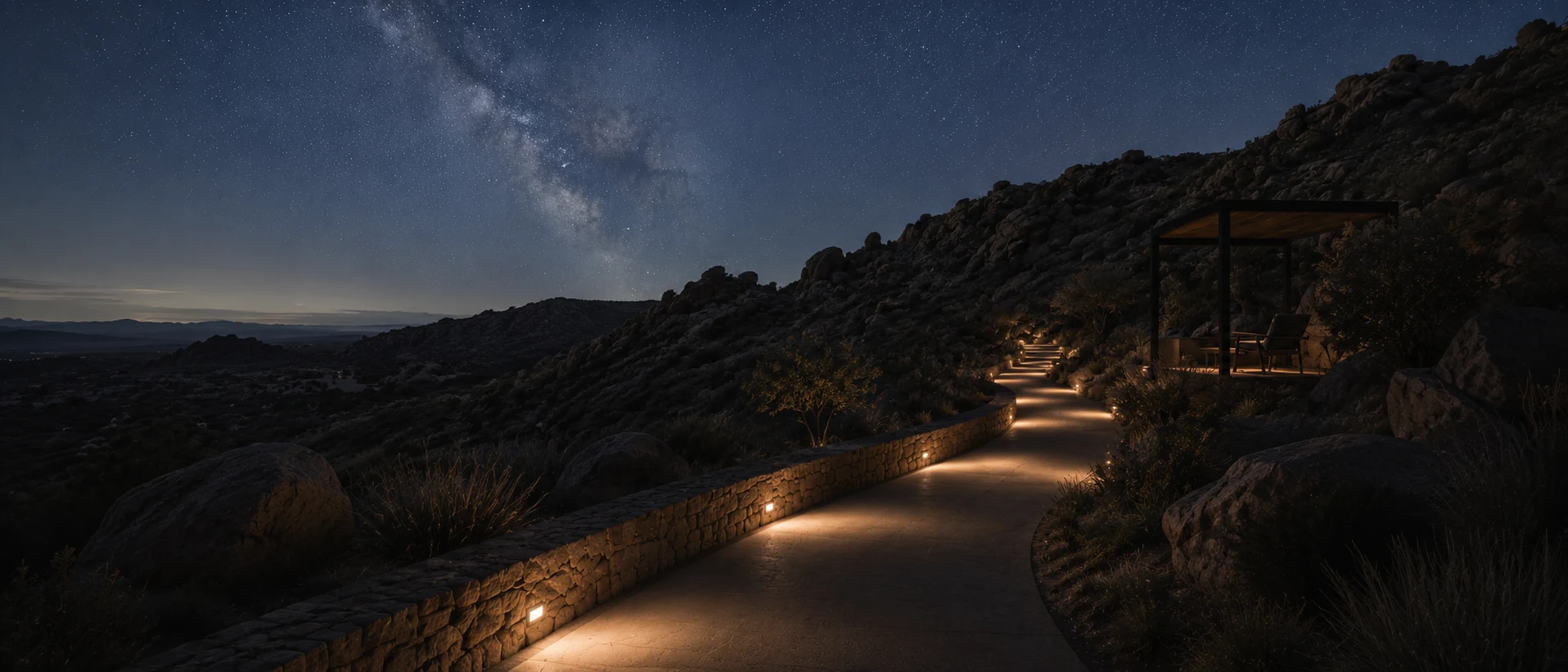 Path on a rocky desert hillside lit from ground level at night, the Milky Way visible above