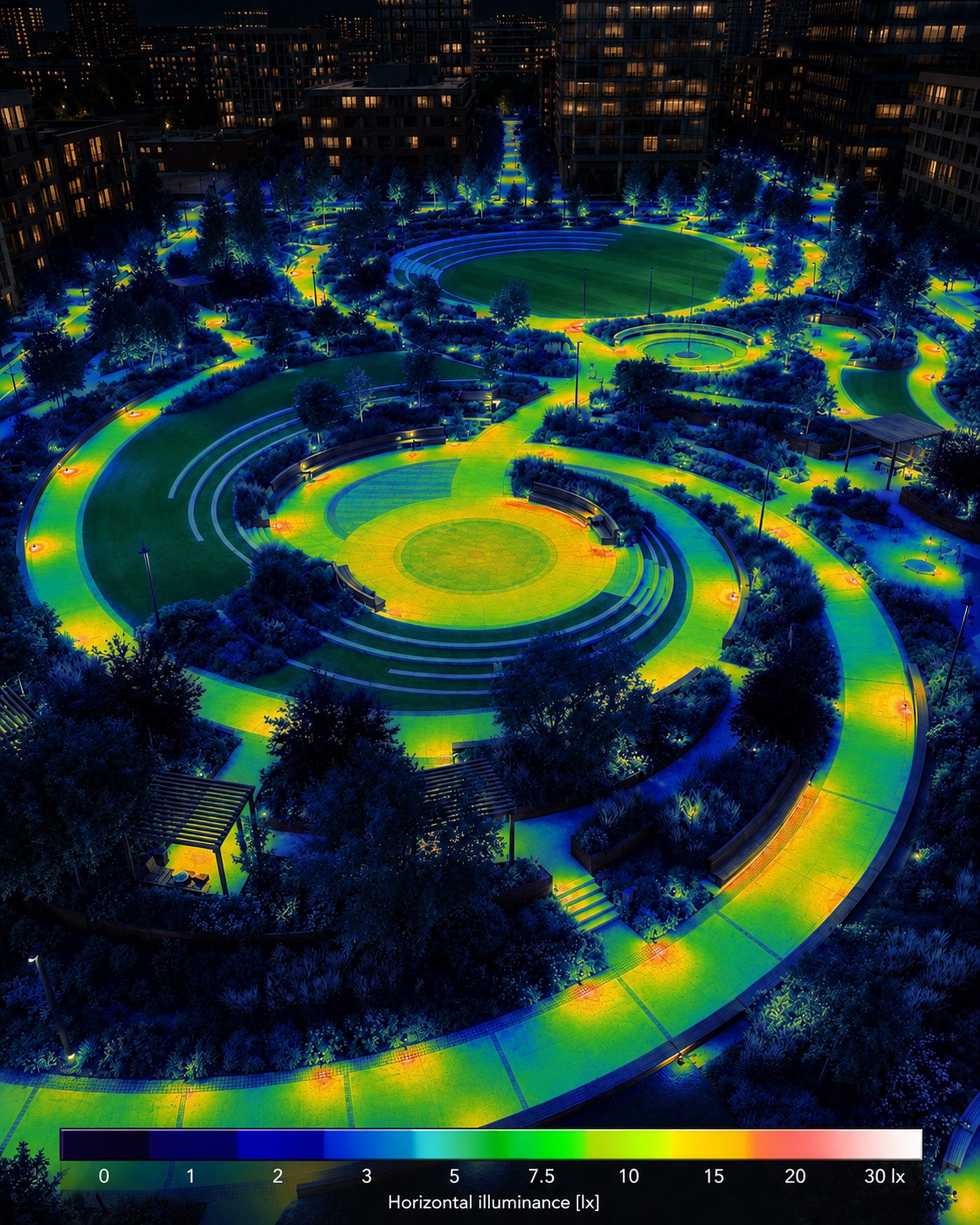False colour illuminance calculation of the same plaza