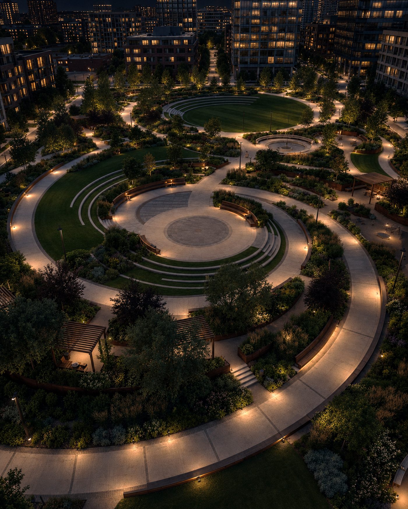 Aerial view of a lit public plaza at night
